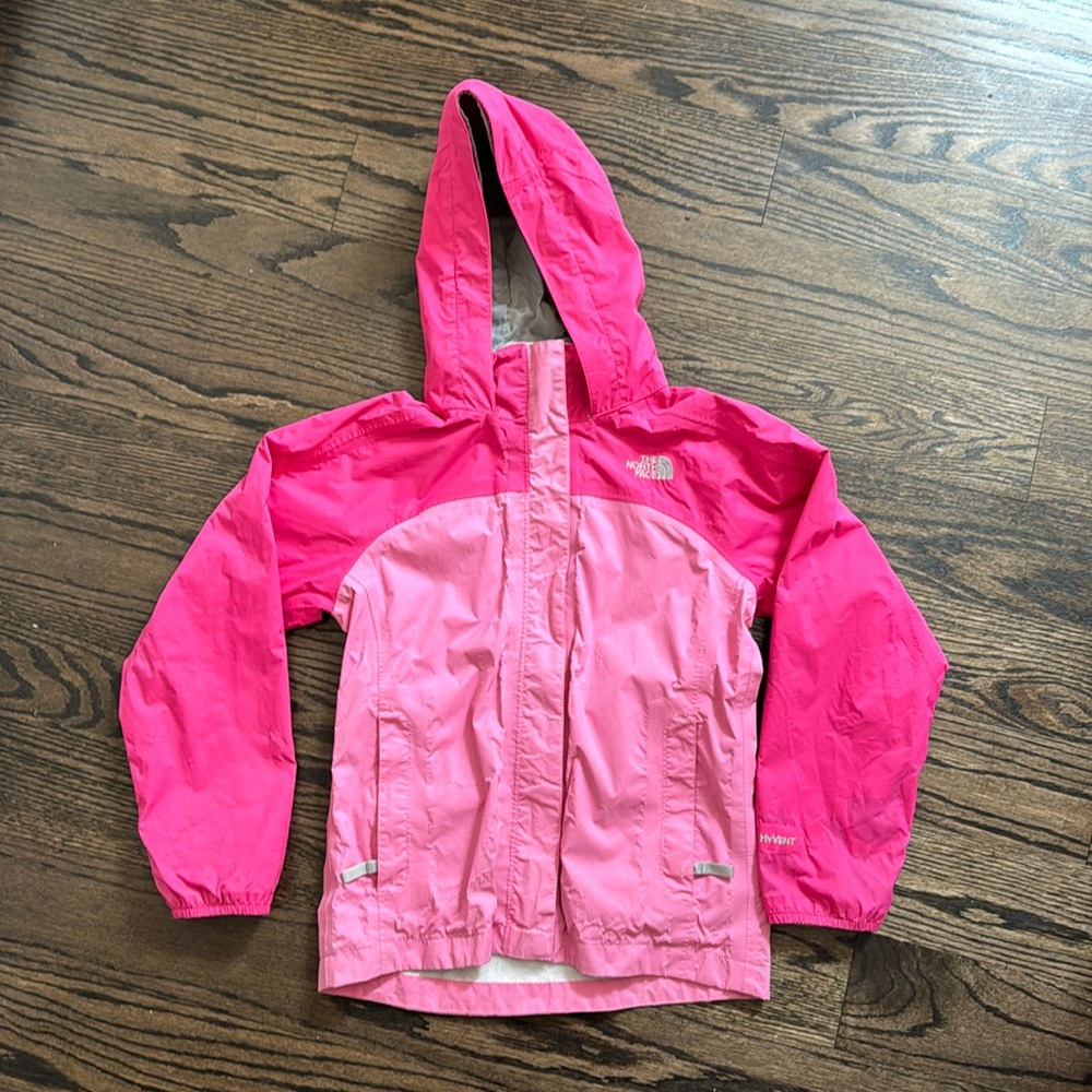 North face kids pink rain coat size medium hood